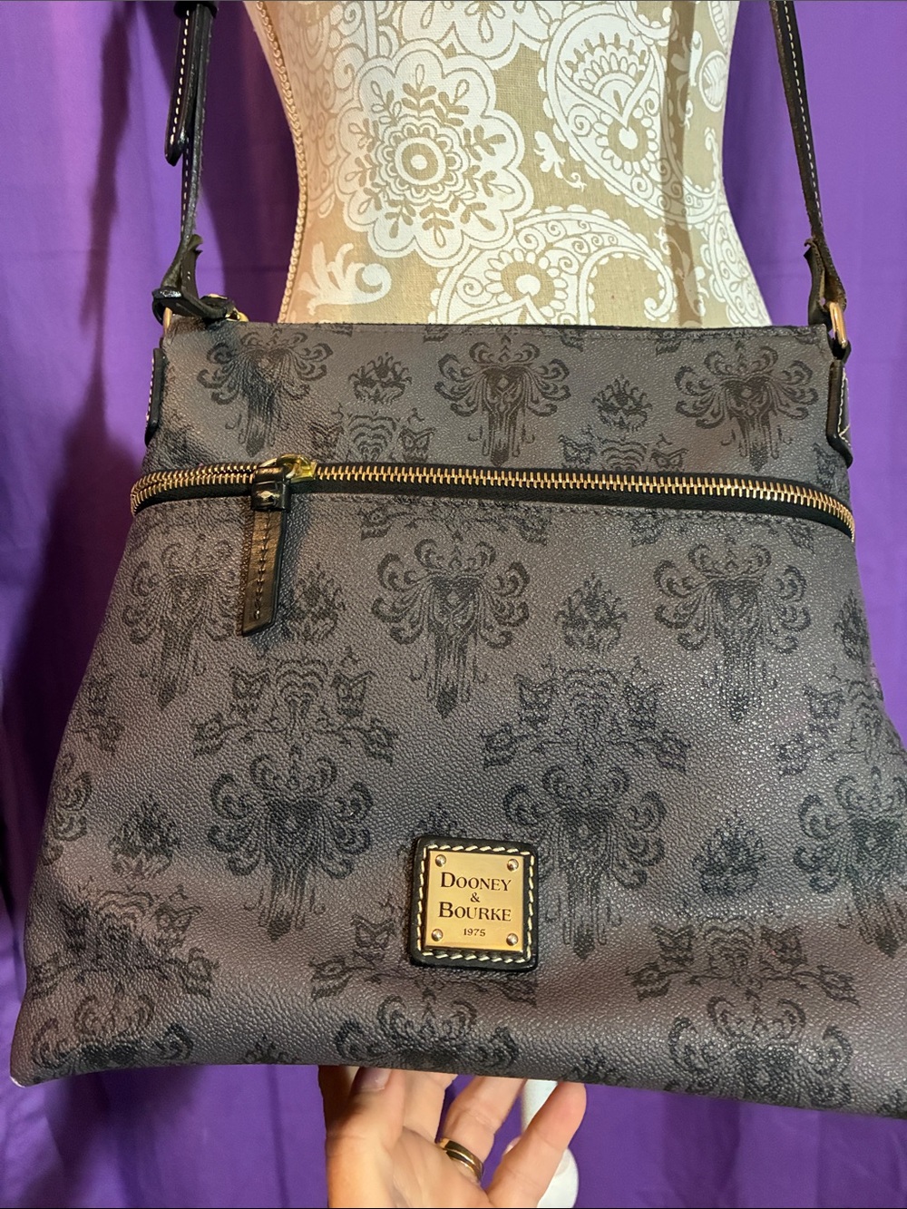 Dooney & Bourke Black Haunted Mansion Patterned Crossbody with Gold Hardware - Picture 2 of 8